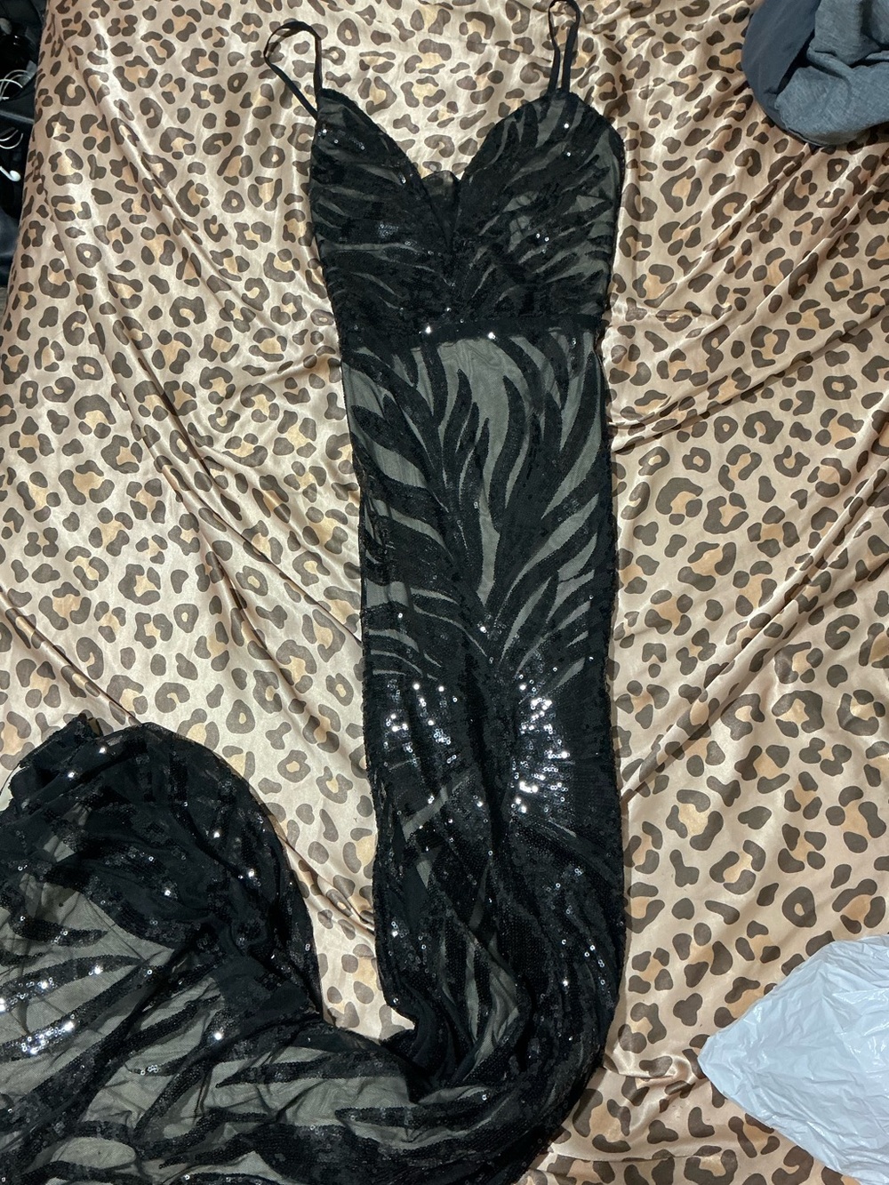 Black Sequin Mesh Maxi Dress with Spaghetti Straps